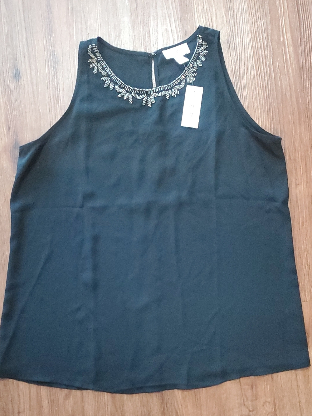 LOFT Black Sleeveless Beaded-Neck Camisole